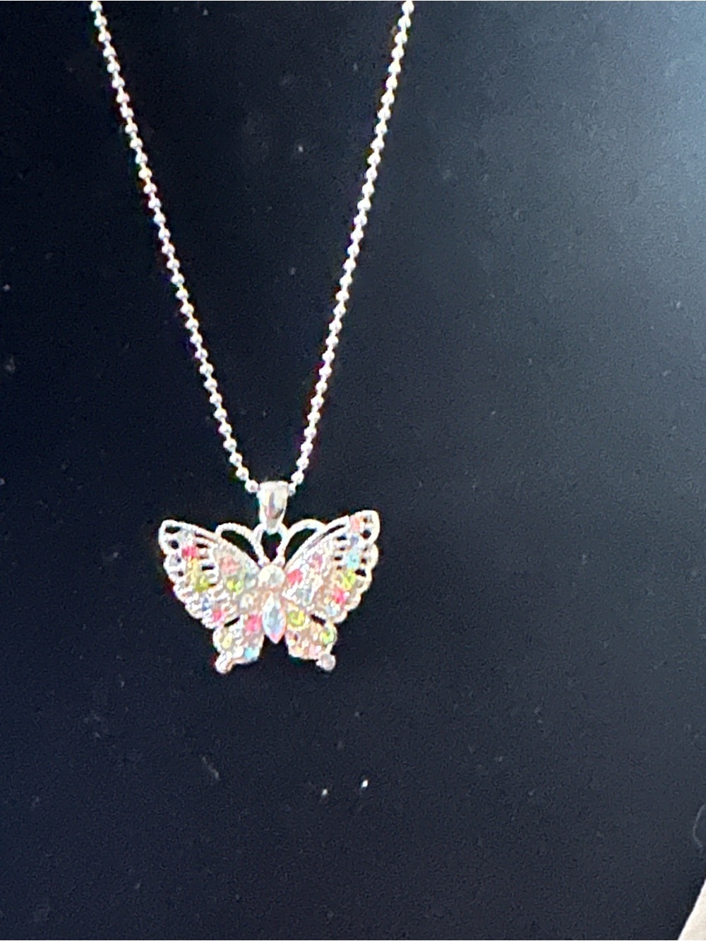 Dainty Silvertone  Butterfly Pendant Necklace with striking Iridescent Stones
